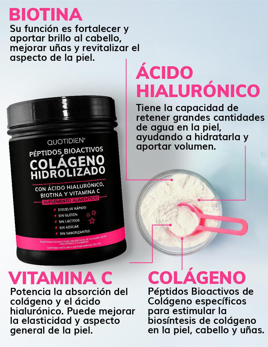 Colágeno Hidrolizado con Biotina y Ácido Hialurónico Quotidien sabor natural de 500 g