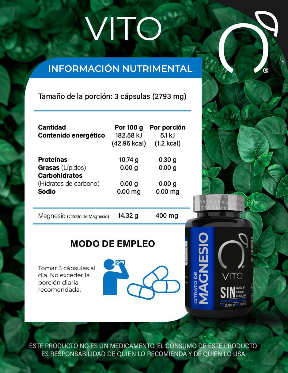 Citrato de Magnesio | 400 mg – (40 Porciones) | Suplemento de Magnesio Vito - Vitaminas Totales de 400 cápsulas