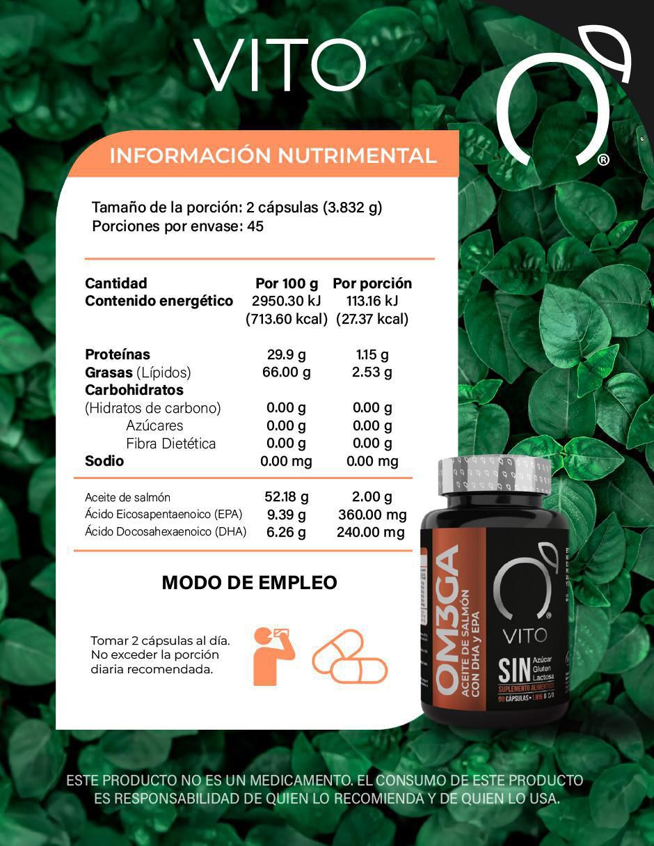 Omega 3 | VITO | Suplemento de Aceite de Salmón Noruego con DHA y EPA c/u Vito - Vitaminas Totales de 90 cápsulas