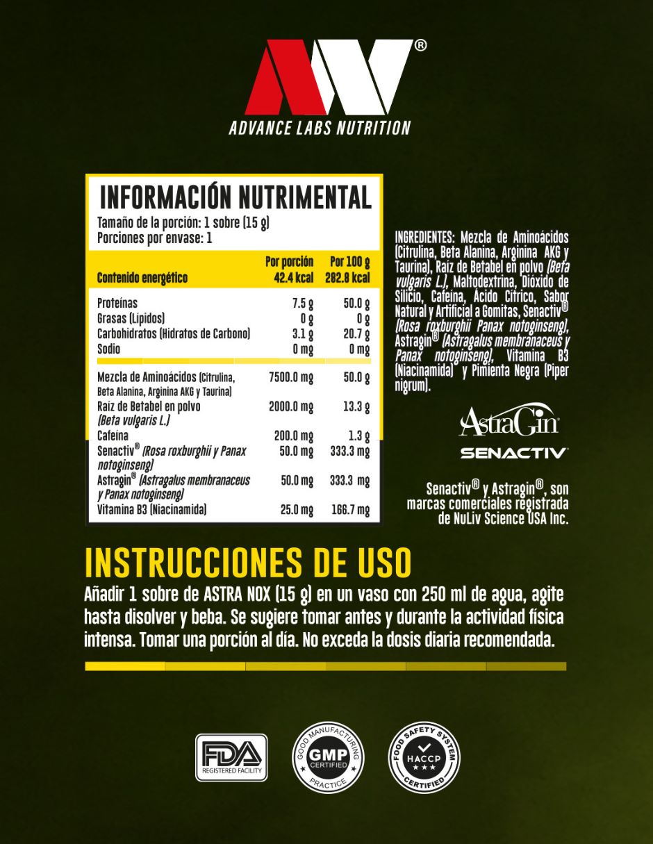 Energizante Pre entreno astra nox con betabel sabor dulce