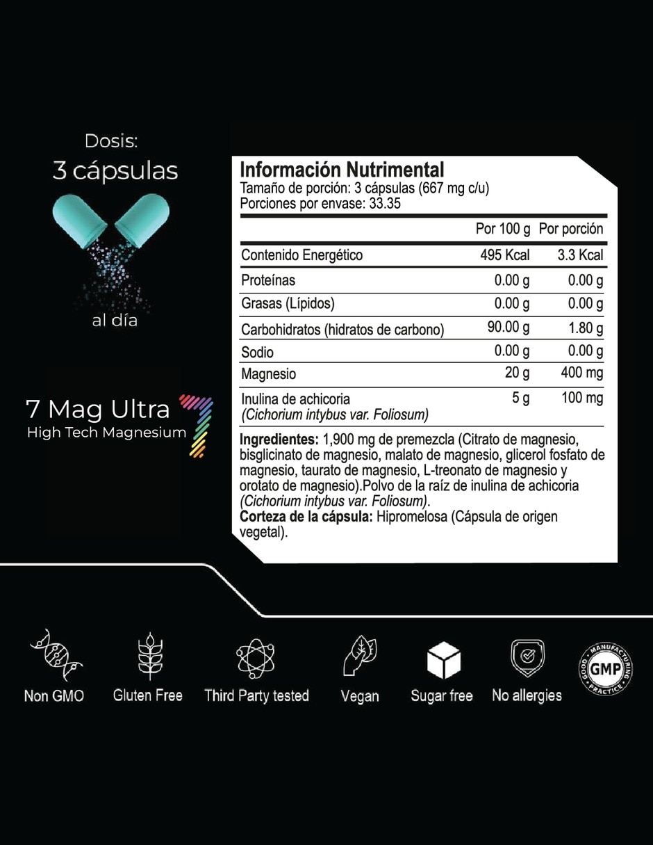 Seven Mag Ultra con magnesium mix, oxido, glicinato, gluconato y citrato de magnesio de 100 cápsulas 4