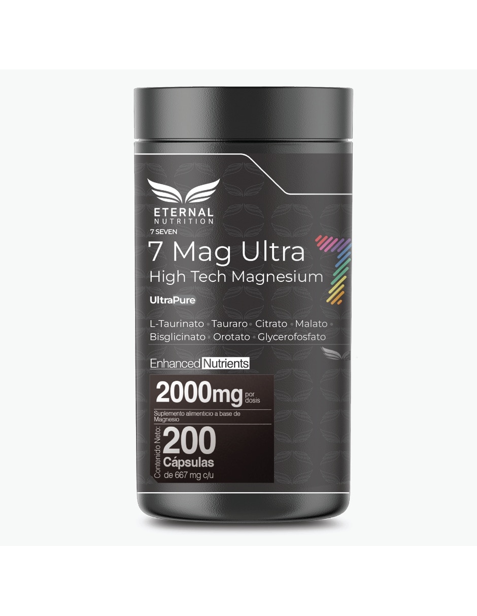Seven Mag Ultra con magnesium mix con Magnesios: oxido, glicinato, gluconato y citrato de Mmagnesio de 200 cápsulas
