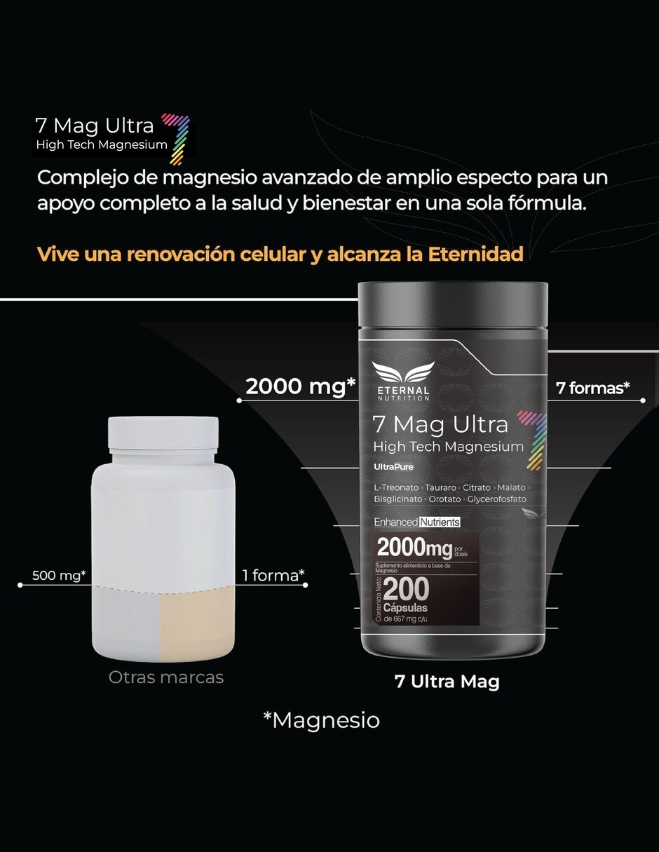 Seven Mag Ultra con magnesium mix con Magnesios: oxido, glicinato, gluconato y citrato de Mmagnesio de 200 cápsulas 3