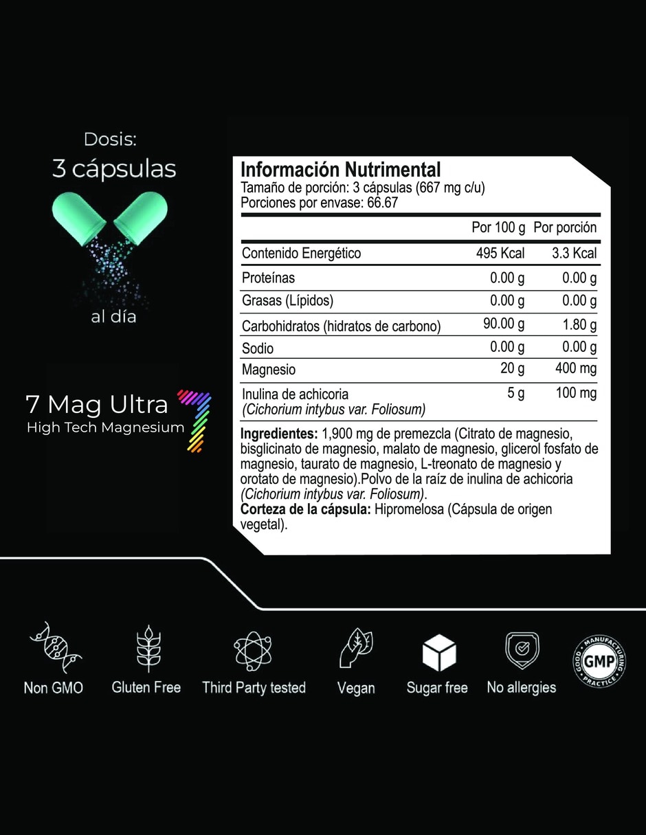 Seven Mag Ultra con magnesium mix con Magnesios: oxido, glicinato, gluconato y citrato de Mmagnesio de 200 cápsulas 5