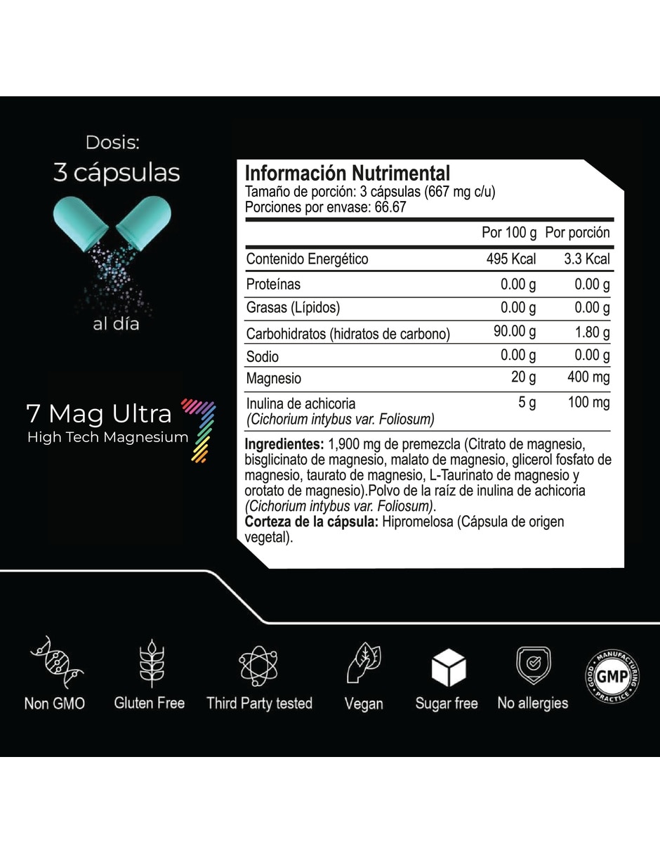 Seven Mag Ultra con magnesium mix con Magnesios: oxido, glicinato, gluconato y citrato de Mmagnesio de 200 cápsulas 6