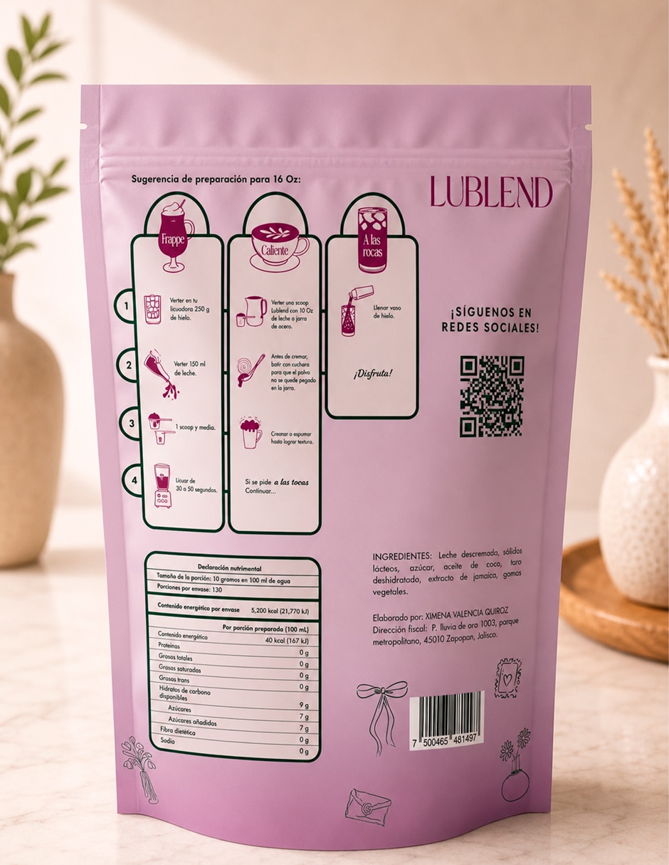 Bebida en polvo Mezcla instantánea para bebidas cremosas y frías Sabor Taro Ingredientes naturales Sin conservadores de Taro Pack Lublend con 1.1kg 1.1kg 4
