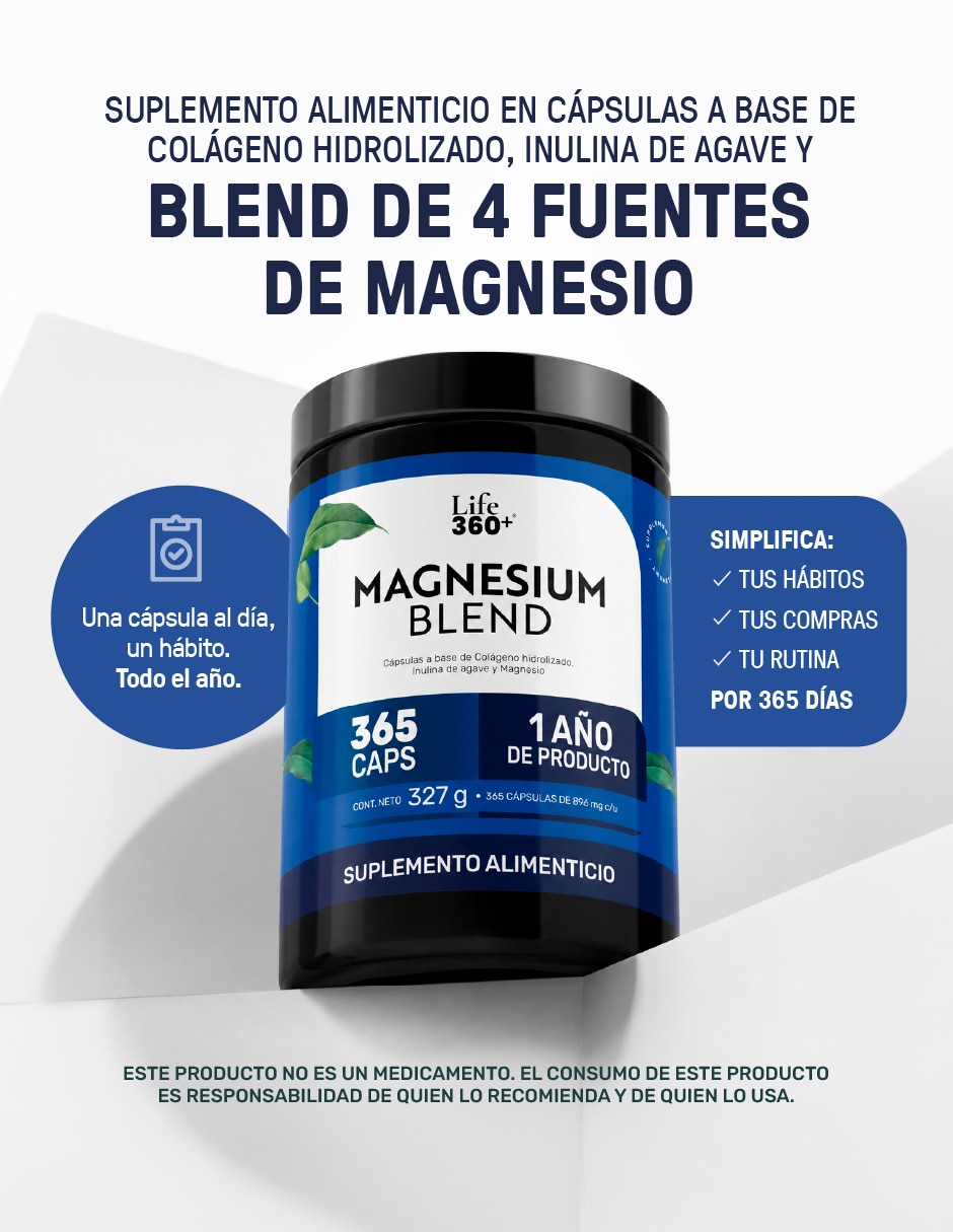 Magnesium Blend Óxido Glicinato Gluconato y Citrato LIFE 360+ con magnesio de 365 cápsulas 7
