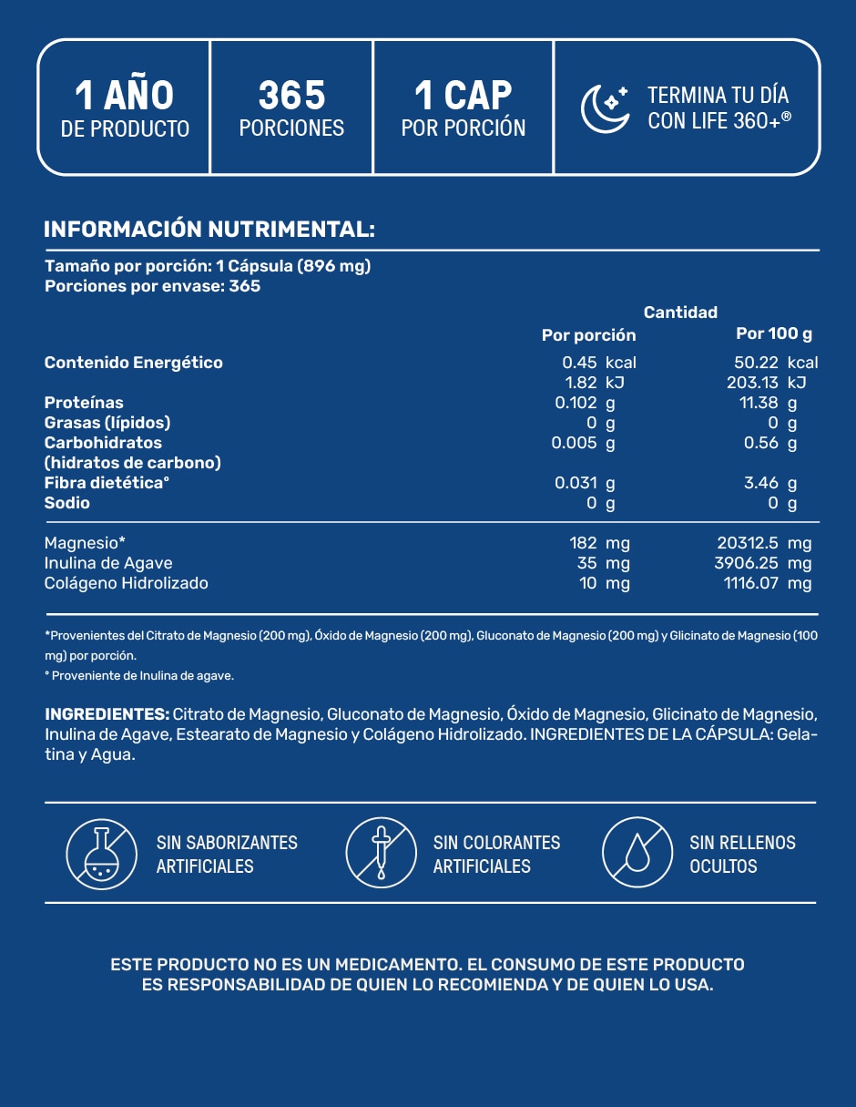Magnesium Blend Óxido Glicinato Gluconato y Citrato LIFE 360+ con magnesio de 365 cápsulas 2