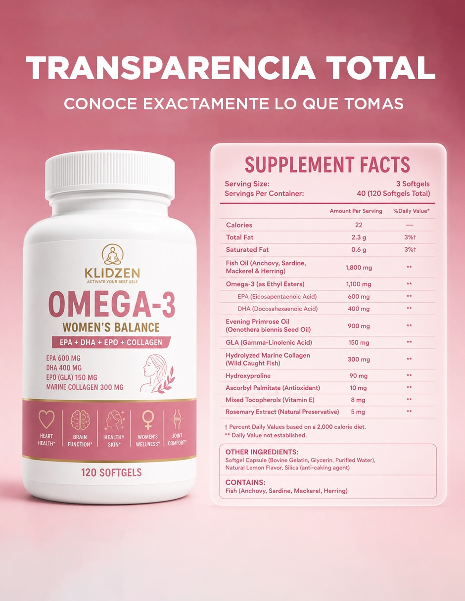 Omega 3 para mujer con colágeno marino hidrolizado sin Regusto ni Reflujo con Omega 3, DHA, EPA y Vitamina E sabor limón de 120 Softgels 6