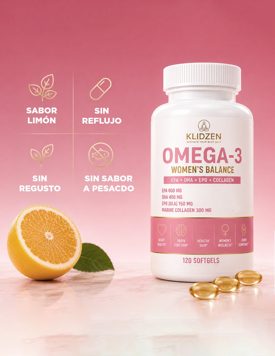 Omega 3 para mujer con colágeno marino hidrolizado sin Regusto ni Reflujo con Omega 3, DHA, EPA y Vitamina E sabor limón de 120 Softgels 8