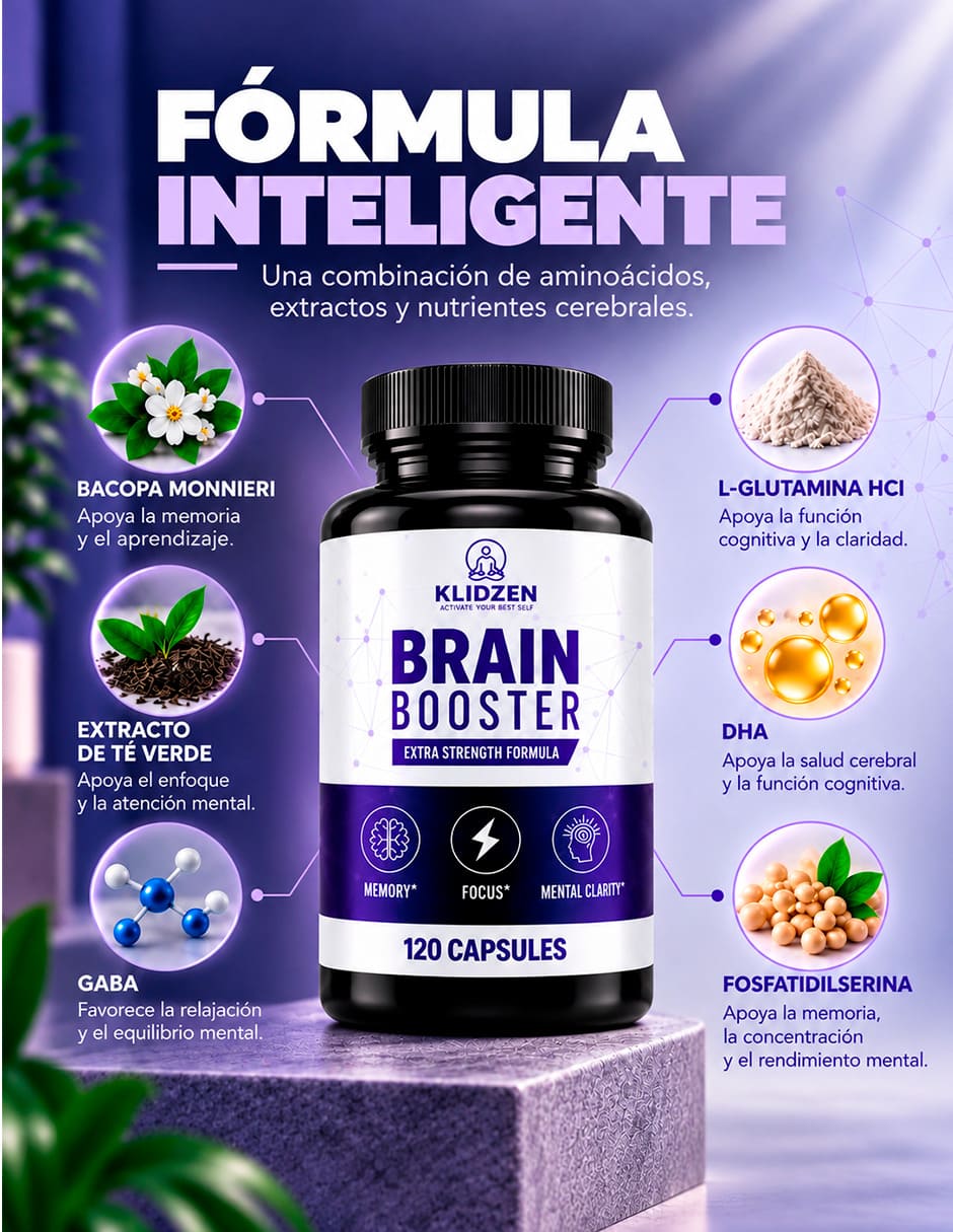 Nootrópico con Bacopa + ingredientes Naturales + Complejo B | Brain Booster Extra Strength KLIDZEN con Glucosamina Vitamina A Vitamina C Vitamina E Vitamina B6 Zinc Selenio MS y Tiamina sabor Sin sabor de