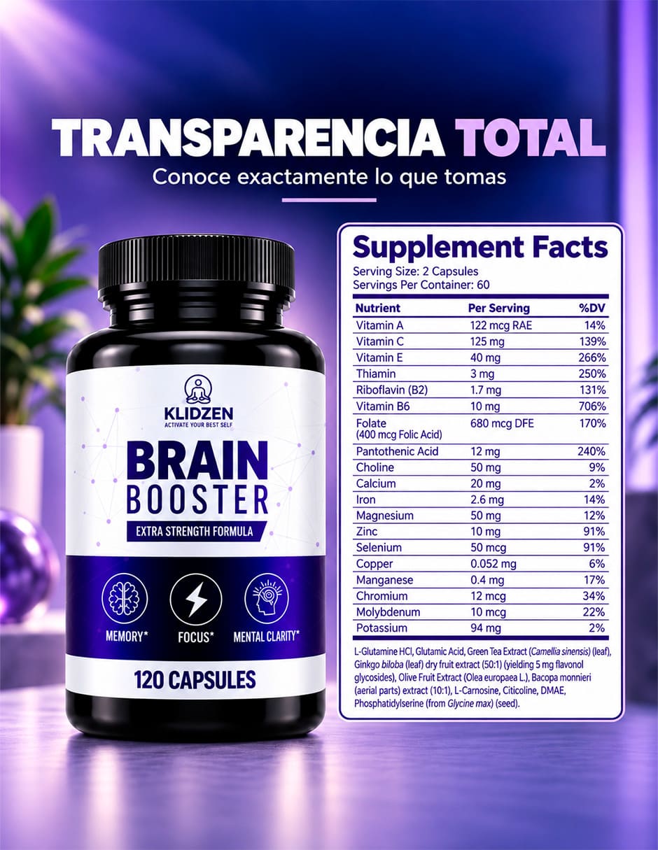 Nootrópico con Bacopa + ingredientes Naturales + Complejo B | Brain Booster Extra Strength KLIDZEN con Glucosamina Vitamina A Vitamina C Vitamina E Vitamina B6 Zinc Selenio MS y Tiamina sabor Sin sabor de