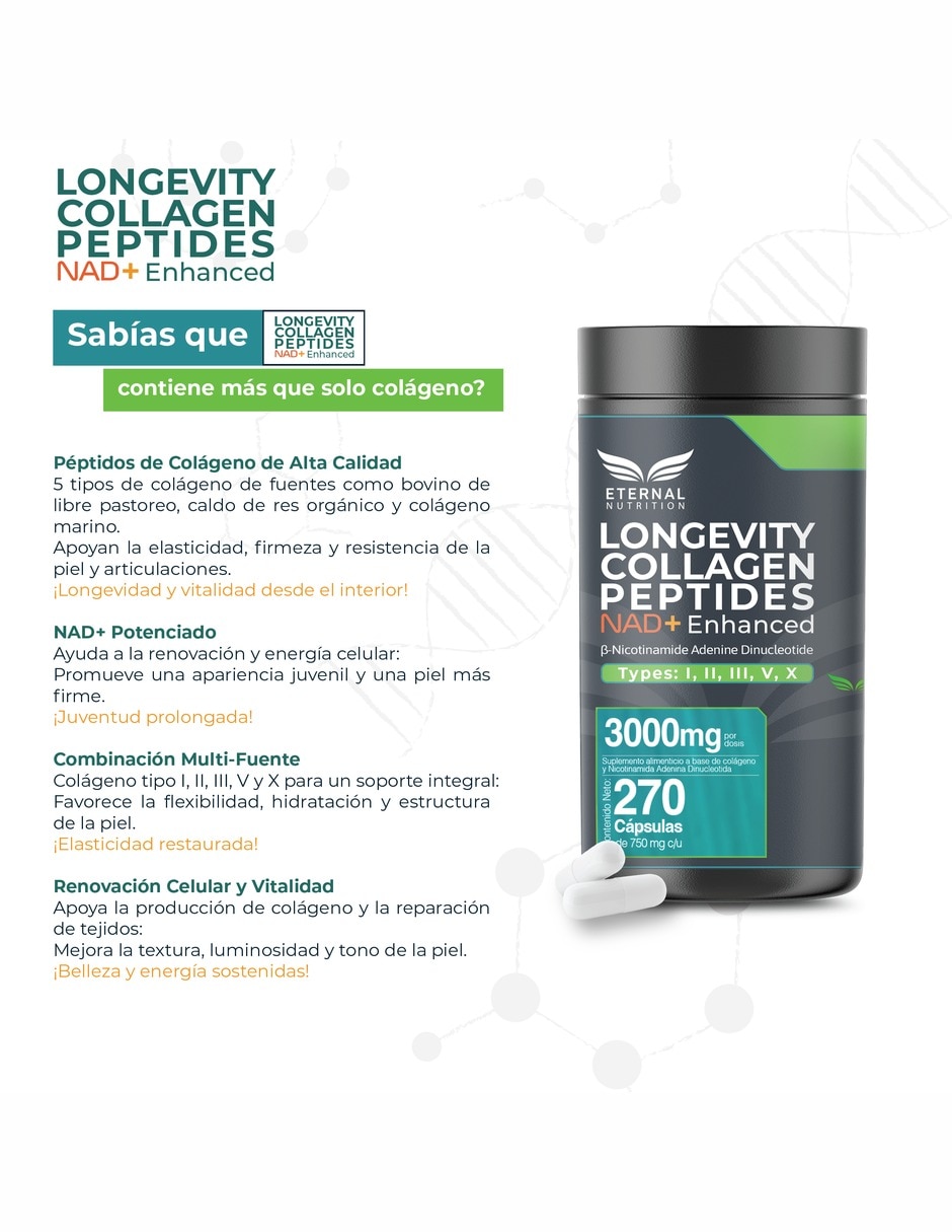 Colágeno Hidrolizado Tipos I II III V y X con NAD+ 3 000 mg 270 Cápsulas 4