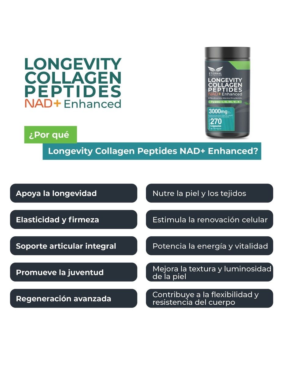 Colágeno Hidrolizado Tipos I II III V y X con NAD+ 3 000 mg 270 Cápsulas 5