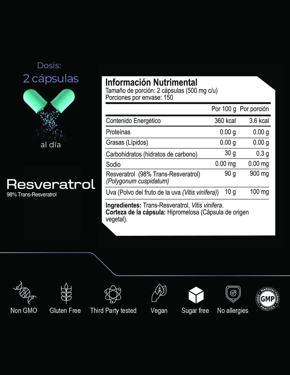 Trans-Resveratrol 98% con extracto de uva sabor de 300 cápsulas 2