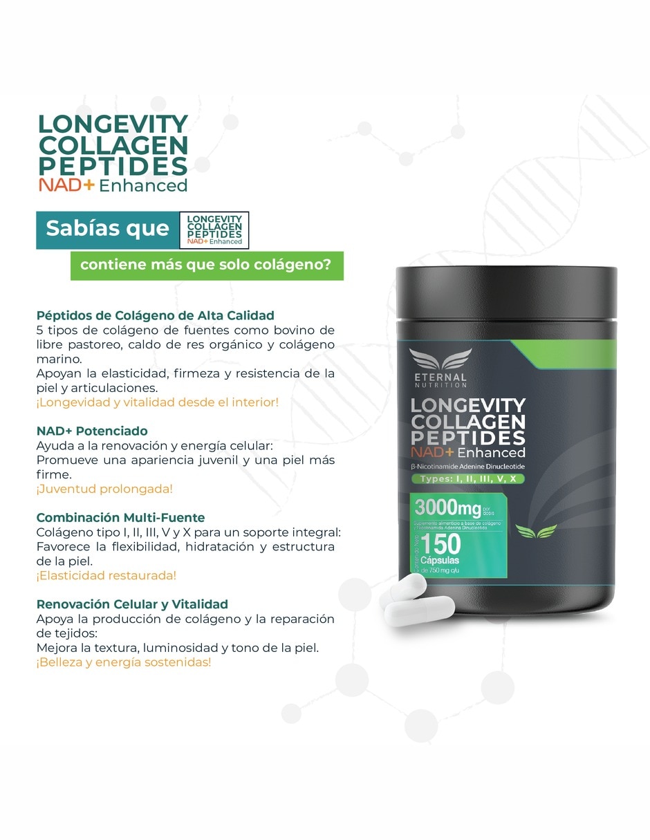 Colágeno Hidrolizado Tipos I II III V y X con NAD+ 3 000 mg 150 cápsulas 4
