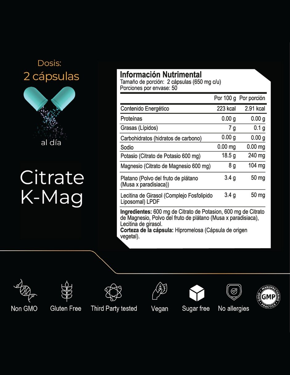 Citrato de Magnesio y Potasio con Plátano 1 300 mg 100 cápsulas 6