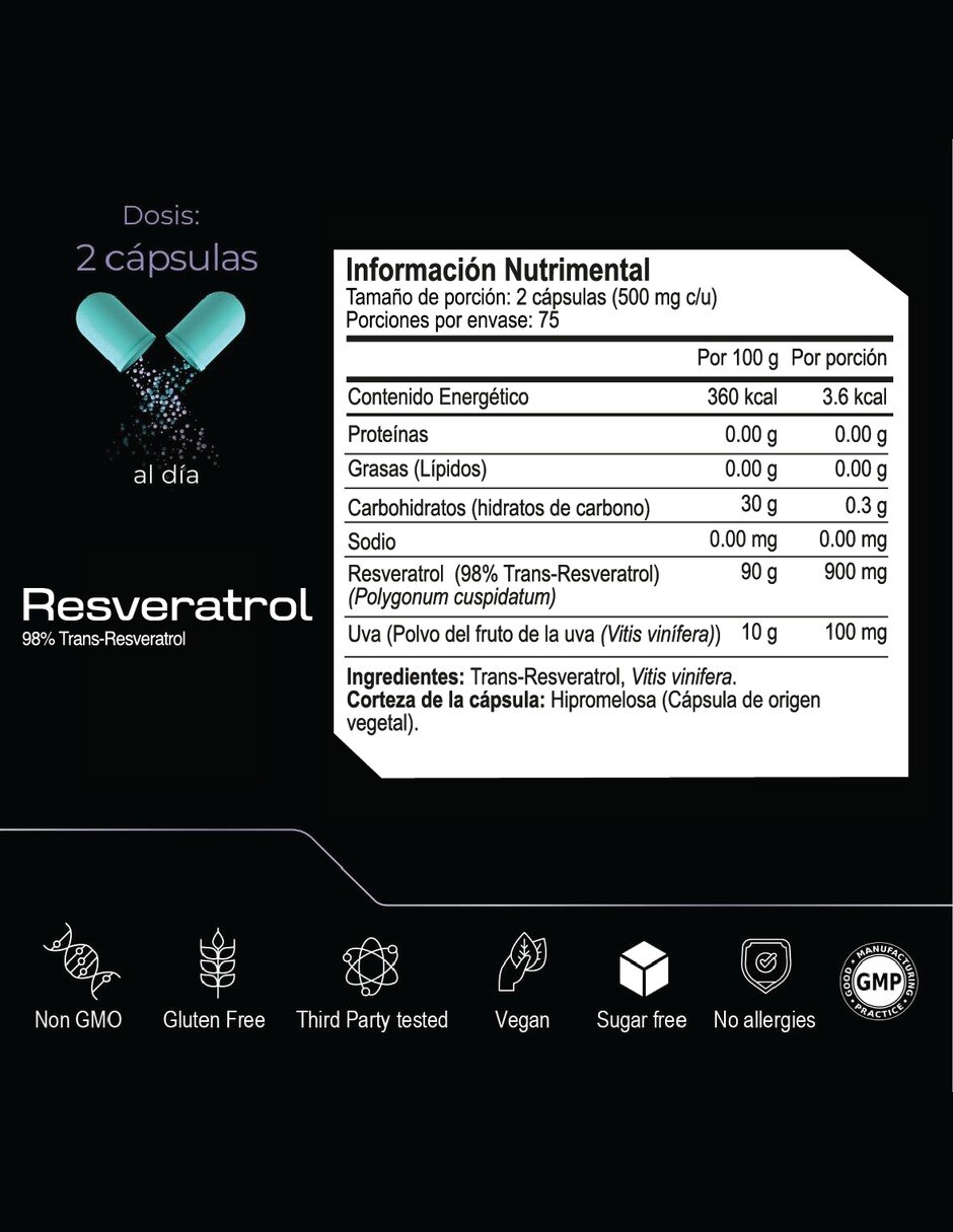 Trans-Resveratrol 98% con extracto de uva de 150 cápsulas 2