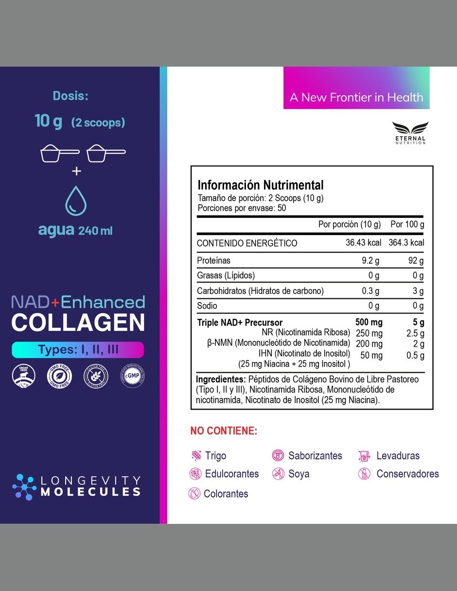 Péptidos de colágeno hidrolizado bovino con NR NMN IHN de 500 g 2