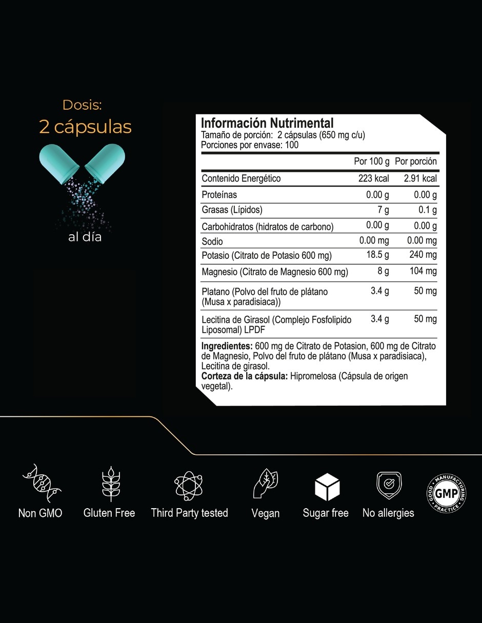 Citrato de Magnesio y Potasio con Plátano 1 300 mg 200 cápsulas 6