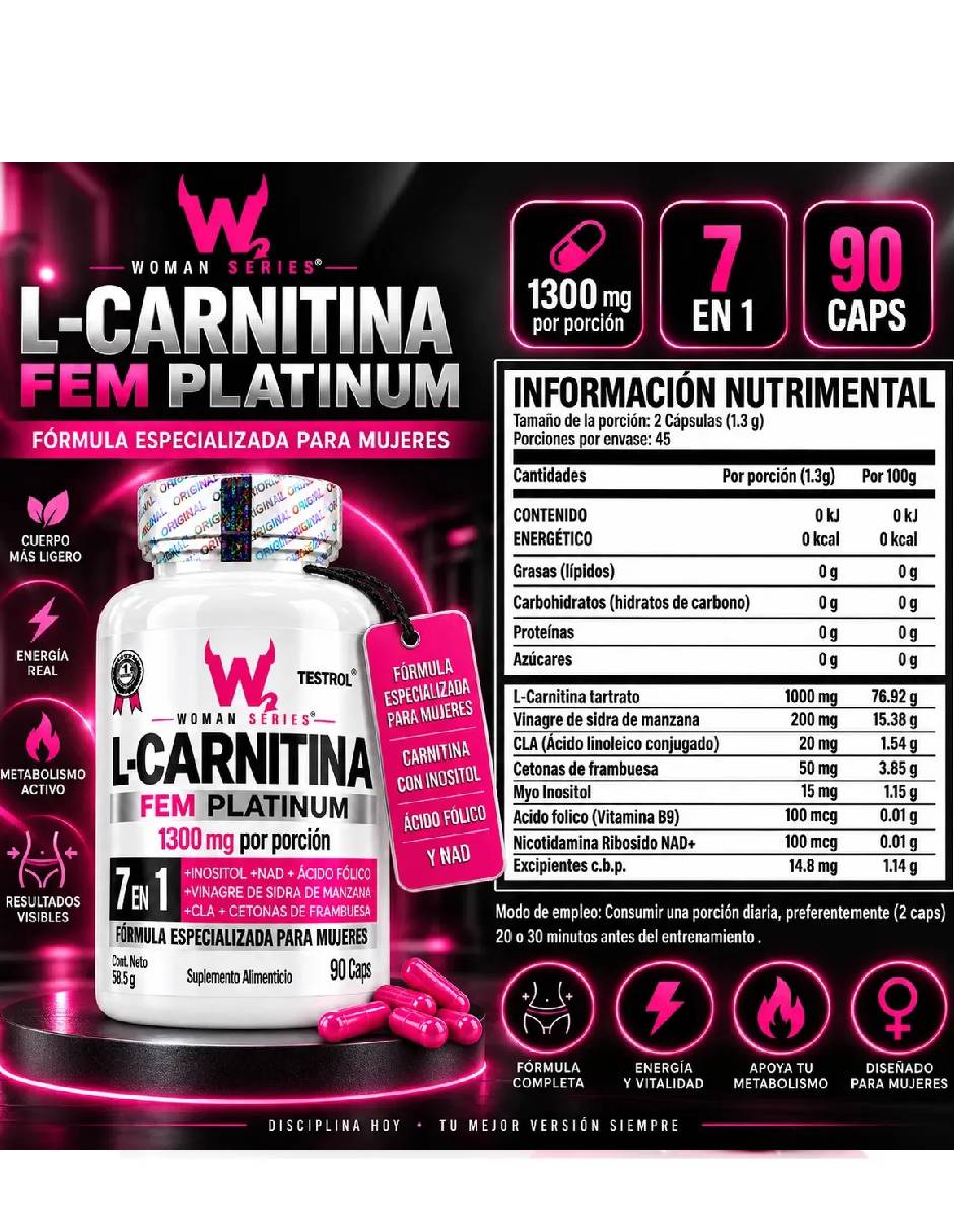 L-Carnitina Platinum Woman series con Tartrato sabor natural de 90 cápsulas 2